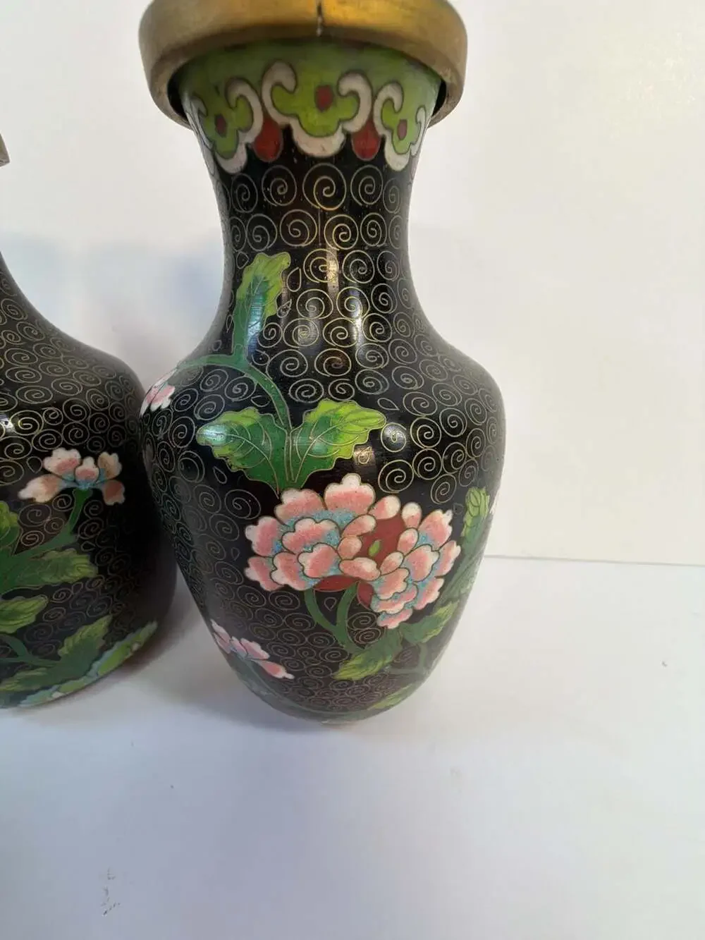 Vintage‎ Pair of Chinese Cloisonné Floral Vases Black Enamel